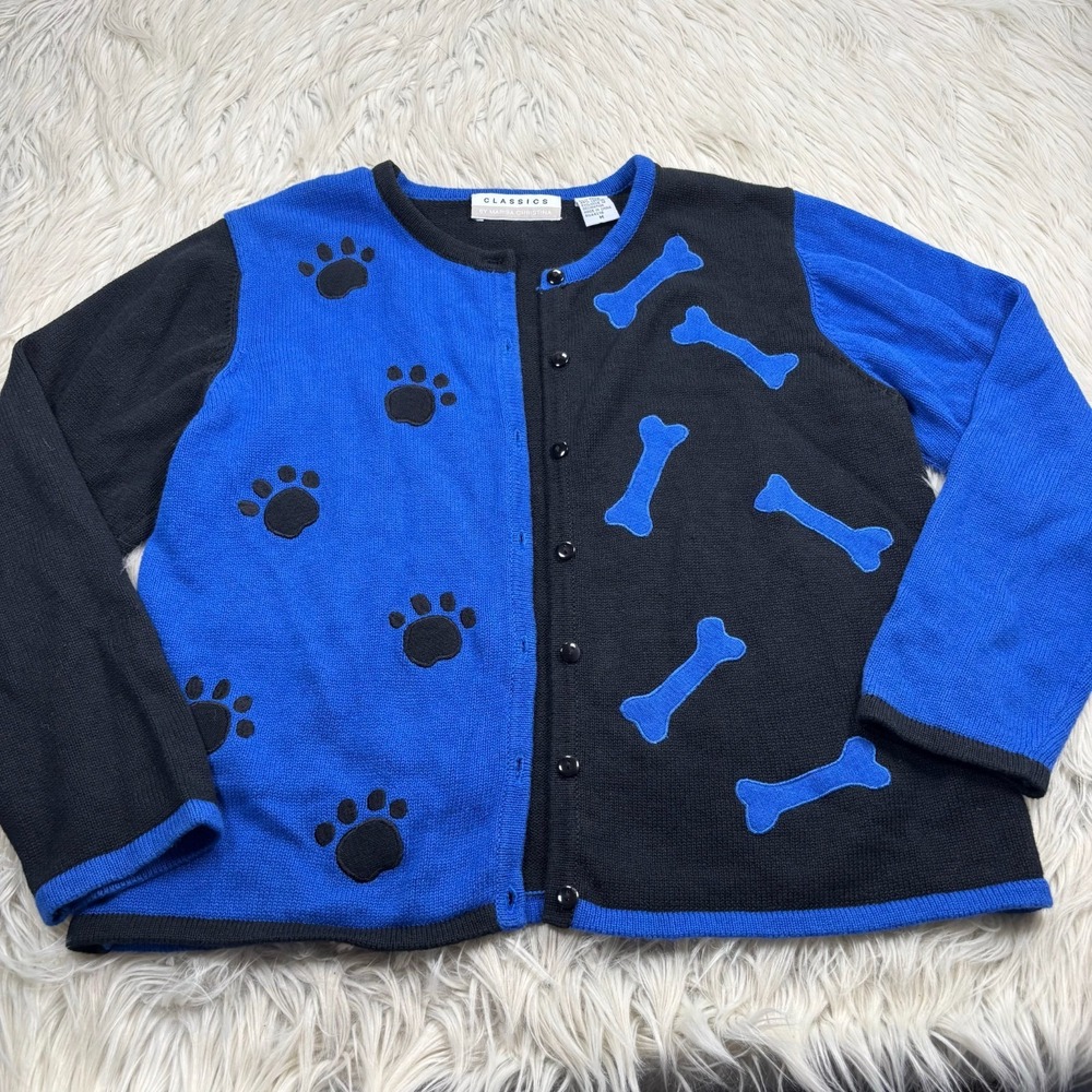 Vintage Marisa Christina Women's M Dog Paw Print Bone Cardigan Vet Puppy Teacher